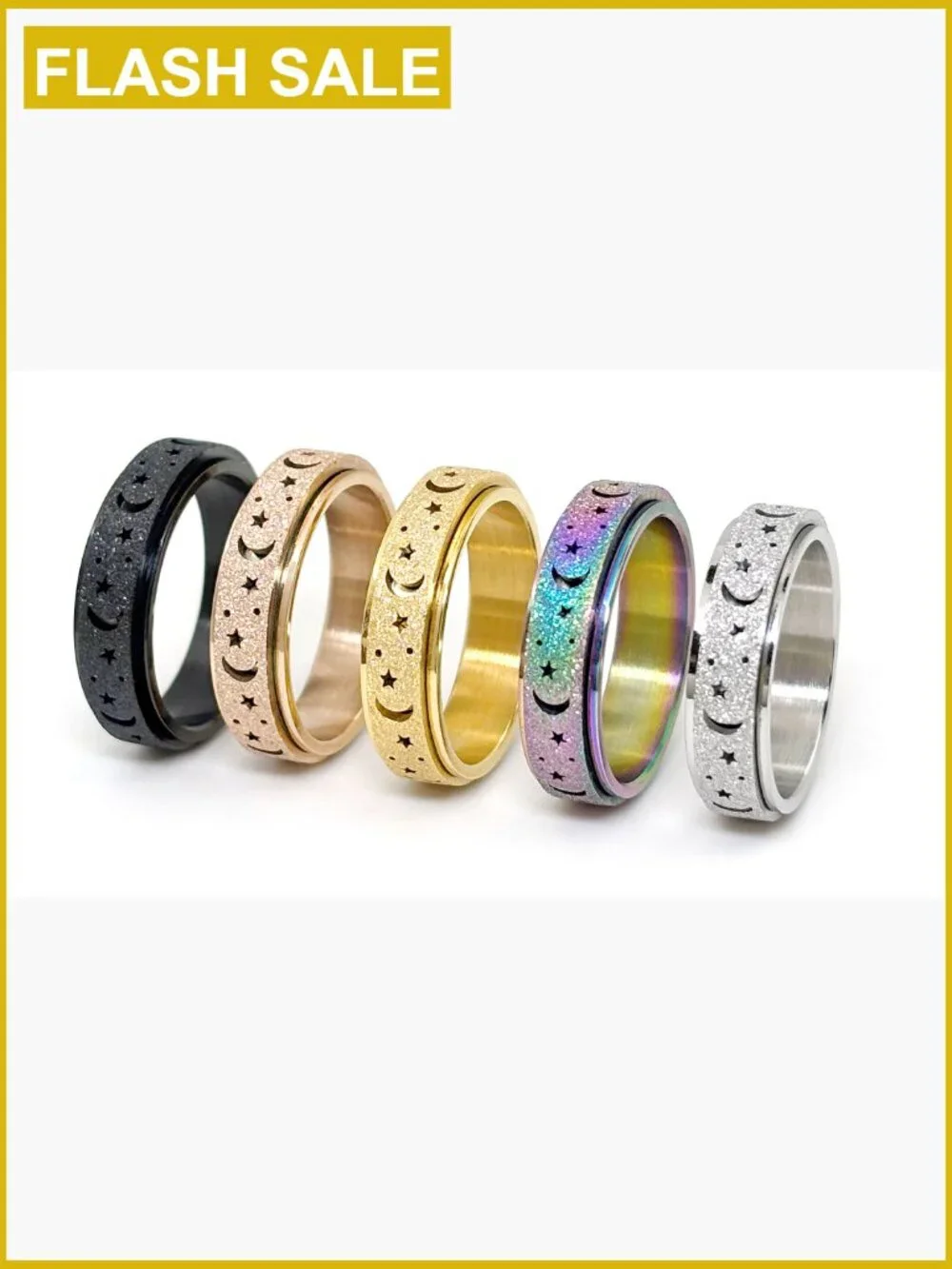 Moon and Star Spinner Fidget Ring Stainless Steel Rotating Anxiety Ring Band